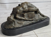 Signed Abstract Nude Female on Rock Bronze Sculpture Marble Base