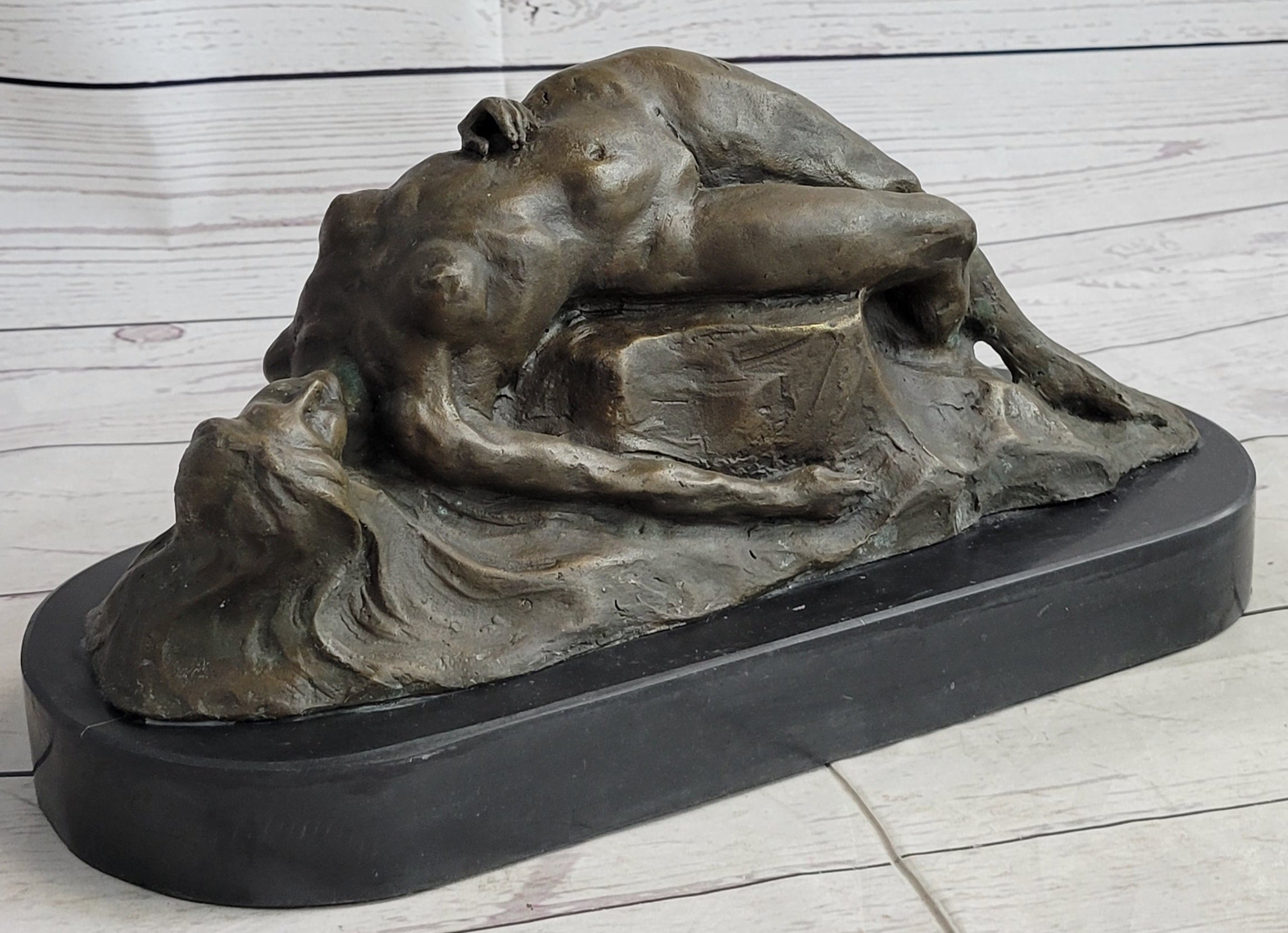 Signed Abstract Nude Female on Rock Bronze Sculpture Marble Base