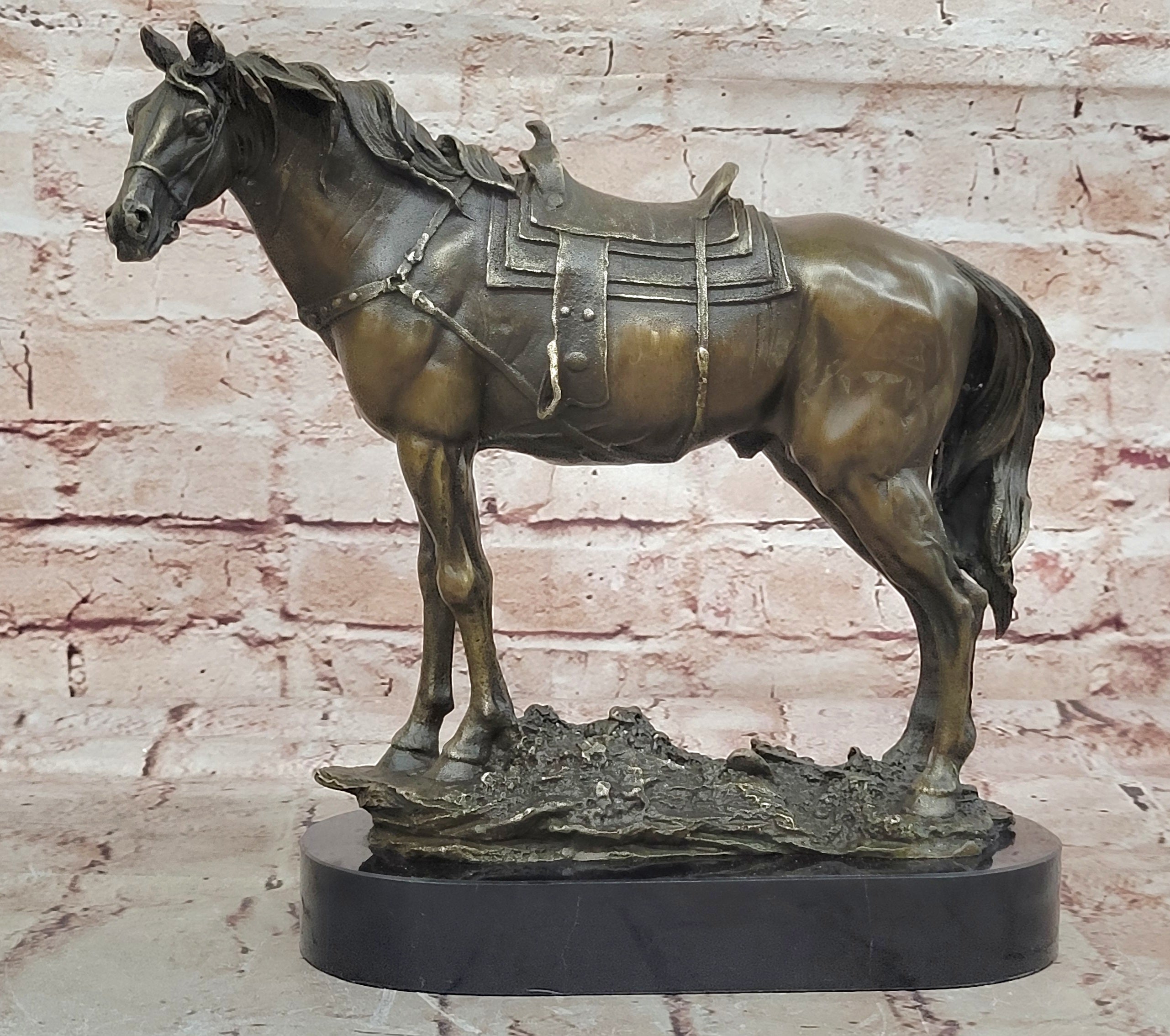 Large Loving Horse with Saddle Western Art Cowboy Bronze