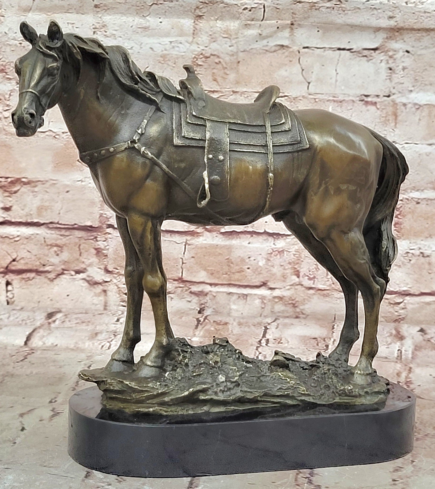 Large Loving Horse with Saddle Western Art Cowboy Bronze