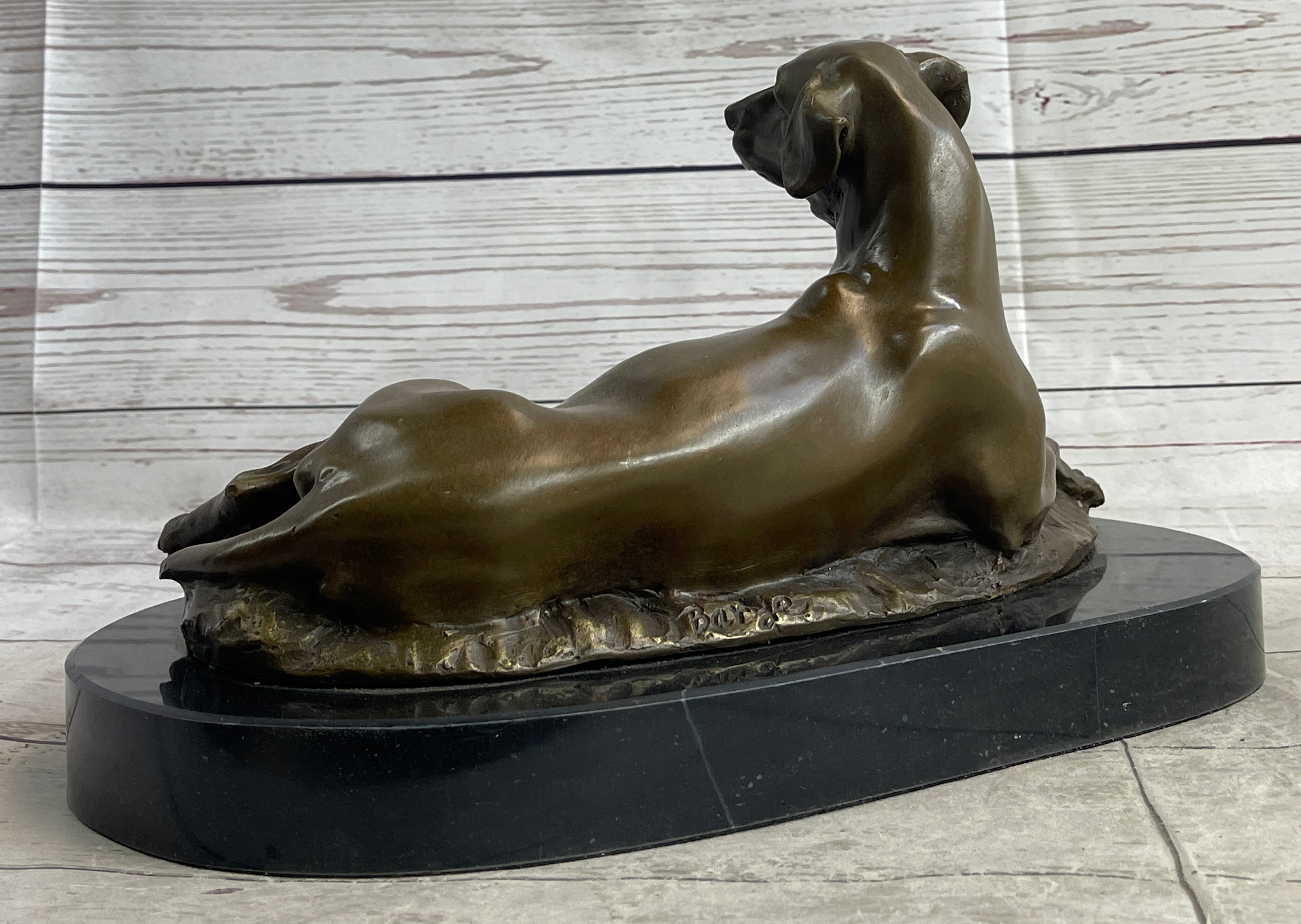 Bronze Pet Dog Sculpture on Marble Base Antoine Barye 8" x 13"