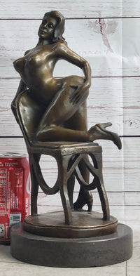Erotic Art Nude Exhibitionist Girl Female Figure on Chair Bronze Sculpture Statue 13" x 6"