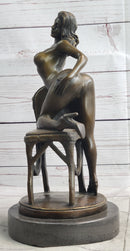 Erotic Art Nude Exhibitionist Girl Female Figure on Chair Bronze Sculpture Statue 13" x 6"