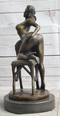 Erotic Art Nude Exhibitionist Girl Female Figure on Chair Bronze Sculpture Statue 13" x 6"
