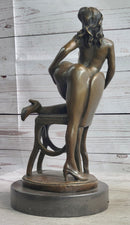 Erotic Art Nude Exhibitionist Girl Female Figure on Chair Bronze Sculpture Statue 13" x 6"