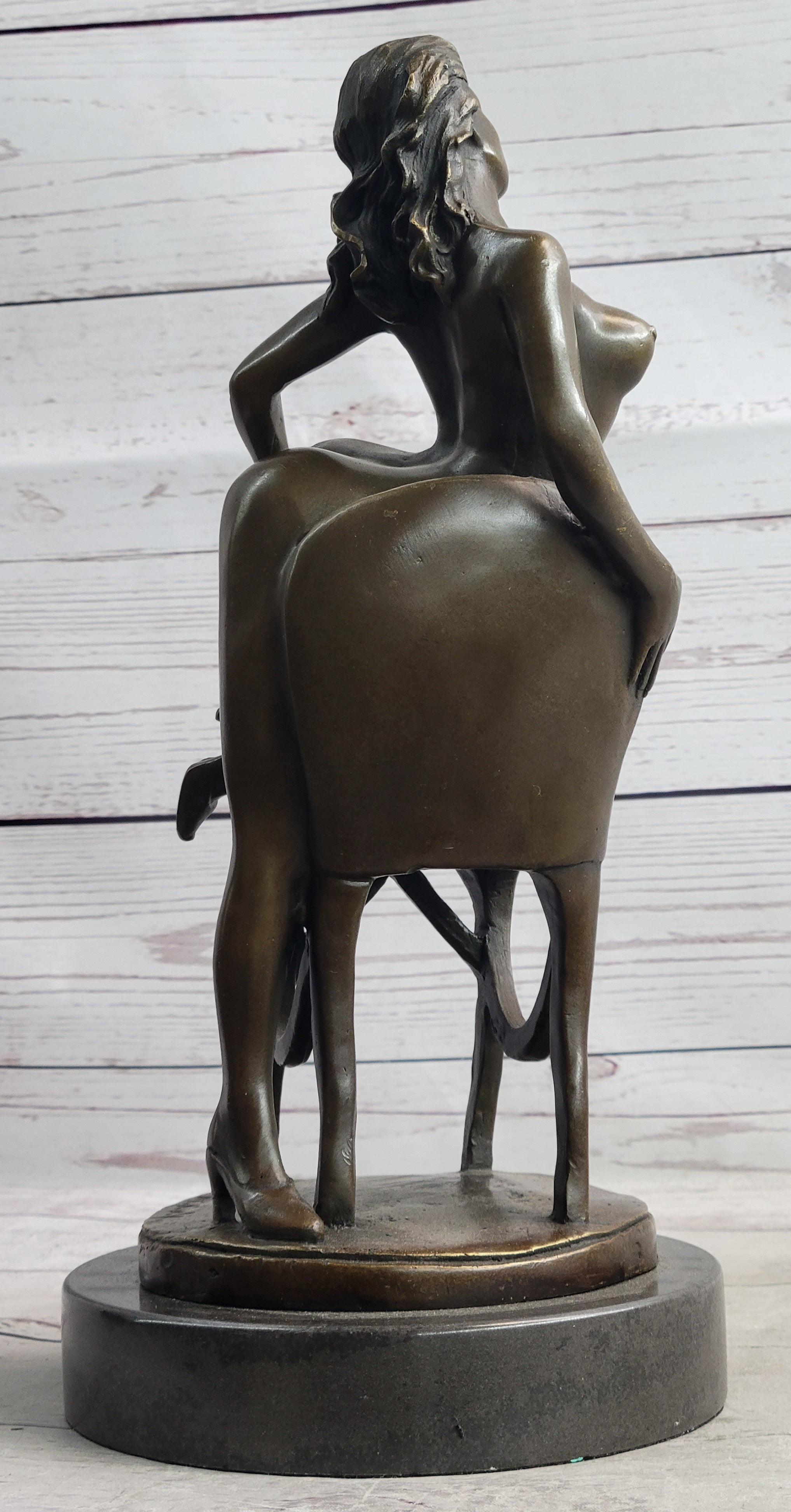 Erotic Art Nude Exhibitionist Girl Female Figure on Chair Bronze Sculpture Statue 13" x 6"