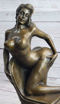 Erotic Art Nude Exhibitionist Girl Female Figure on Chair Bronze Sculpture Statue 13" x 6"