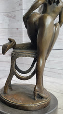 Erotic Art Nude Exhibitionist Girl Female Figure on Chair Bronze Sculpture Statue 13" x 6"