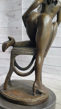 Erotic Art Nude Exhibitionist Girl Female Figure on Chair Bronze Sculpture Statue 13" x 6"