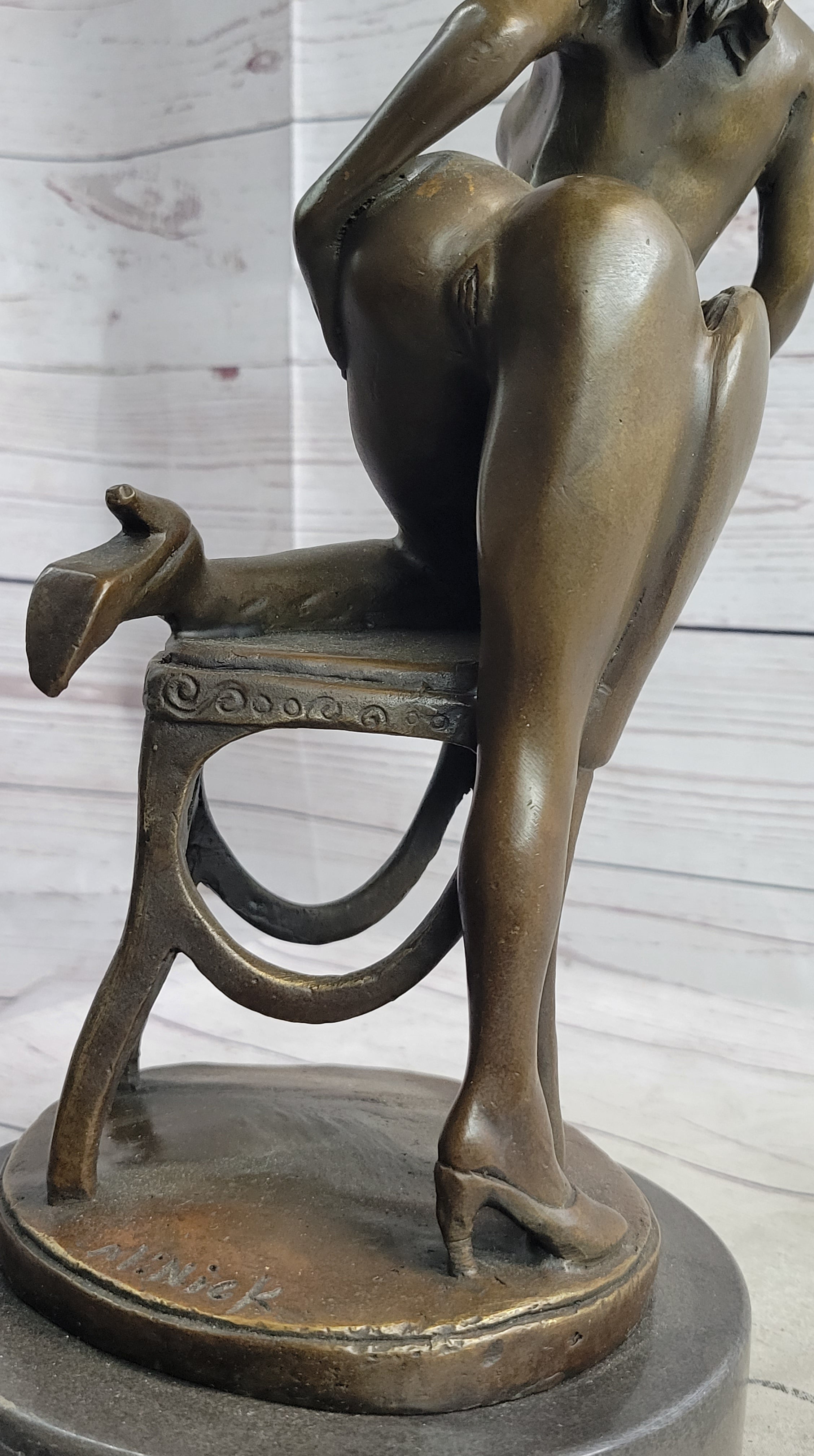 Erotic Art Nude Exhibitionist Girl Female Figure on Chair Bronze Sculpture Statue 13" x 6"