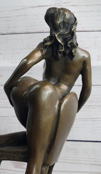 Erotic Art Nude Exhibitionist Girl Female Figure on Chair Bronze Sculpture Statue 13" x 6"