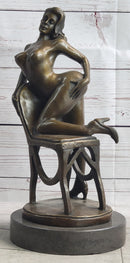 Erotic Art Nude Exhibitionist Girl Female Figure on Chair Bronze Sculpture Statue 13" x 6"