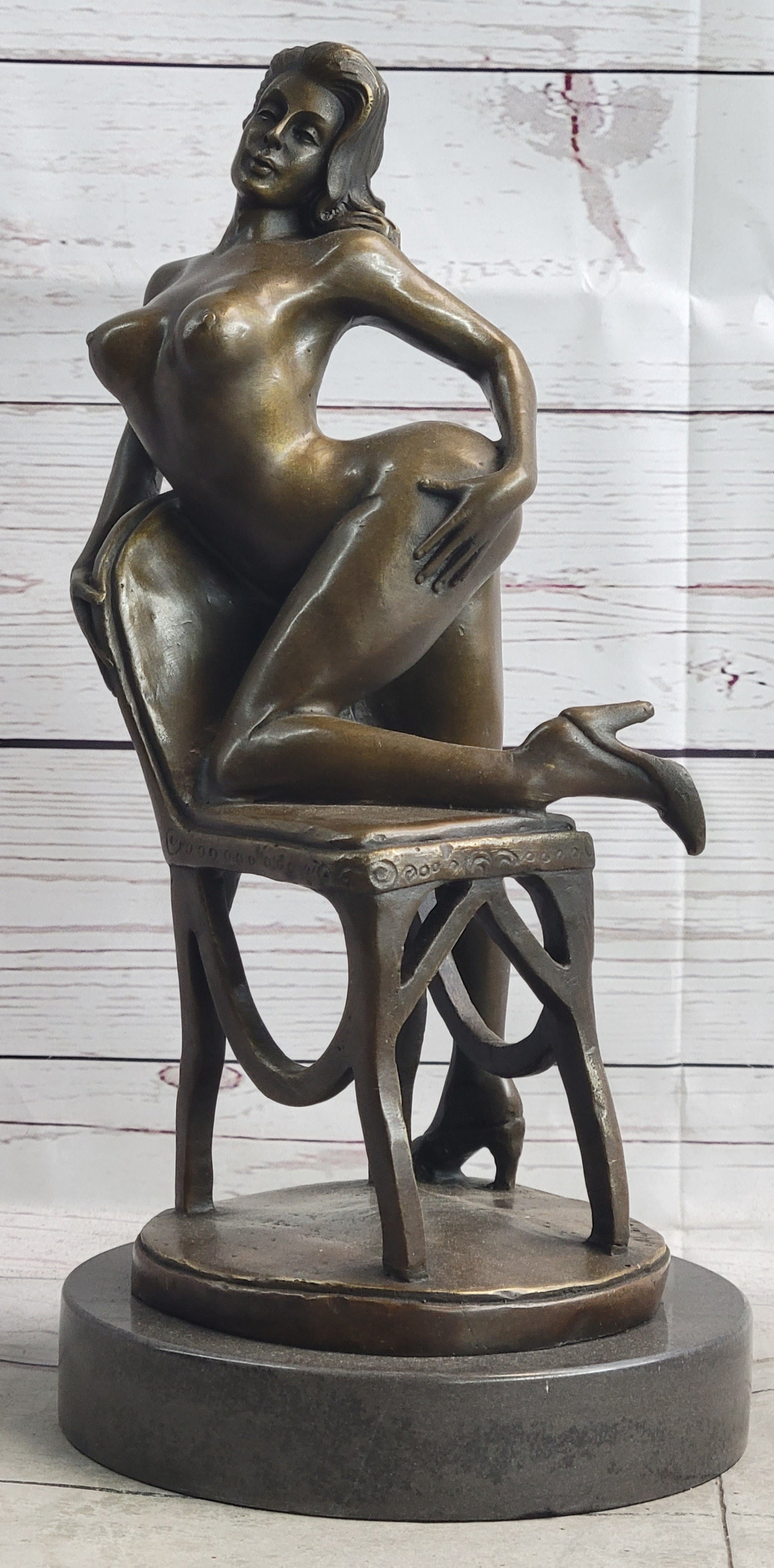 Erotic Art Nude Exhibitionist Girl Female Figure on Chair Bronze Sculpture Statue 13" x 6"