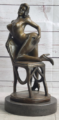 Erotic Art Nude Exhibitionist Girl Female Figure on Chair Bronze Sculpture Statue 13" x 6"