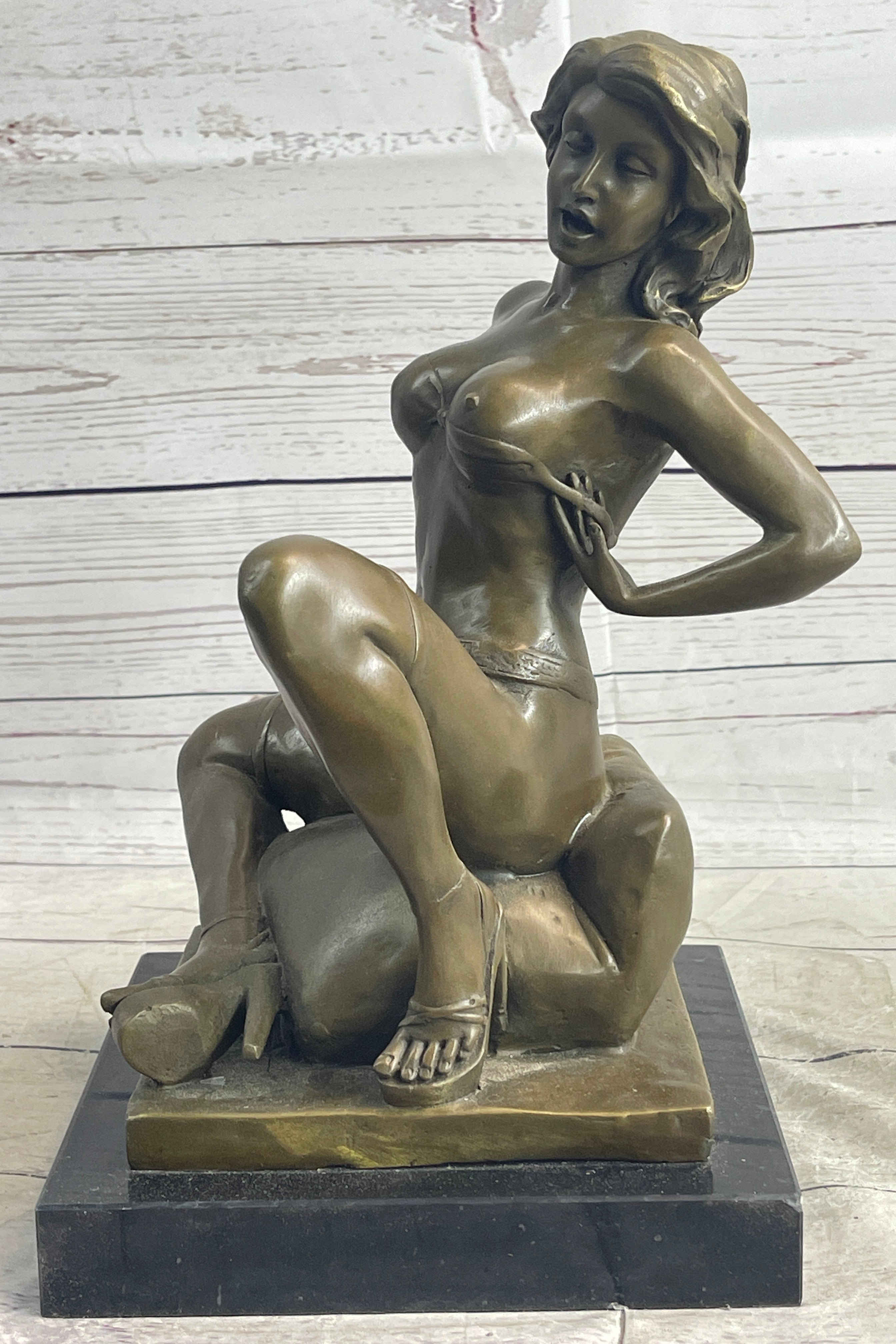 Nude Girl Woman Removing Bra Bronze Sculpture Erotic Art 13" x 7"