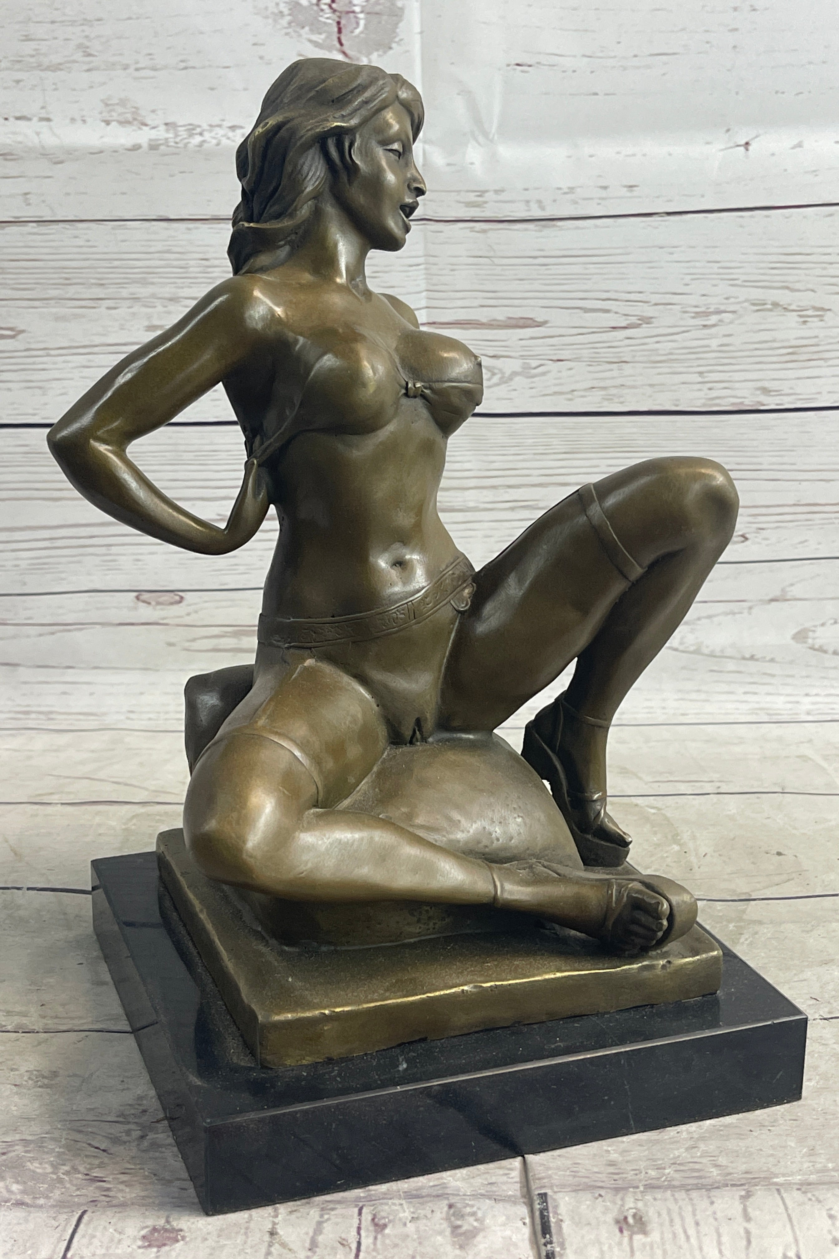 Nude Girl Woman Removing Bra Bronze Sculpture Erotic Art 13" x 7"
