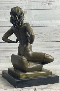 Nude Girl Woman Removing Bra Bronze Sculpture Erotic Art 13" x 7"