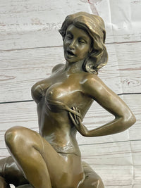 Nude Girl Woman Removing Bra Bronze Sculpture Erotic Art 13" x 7"