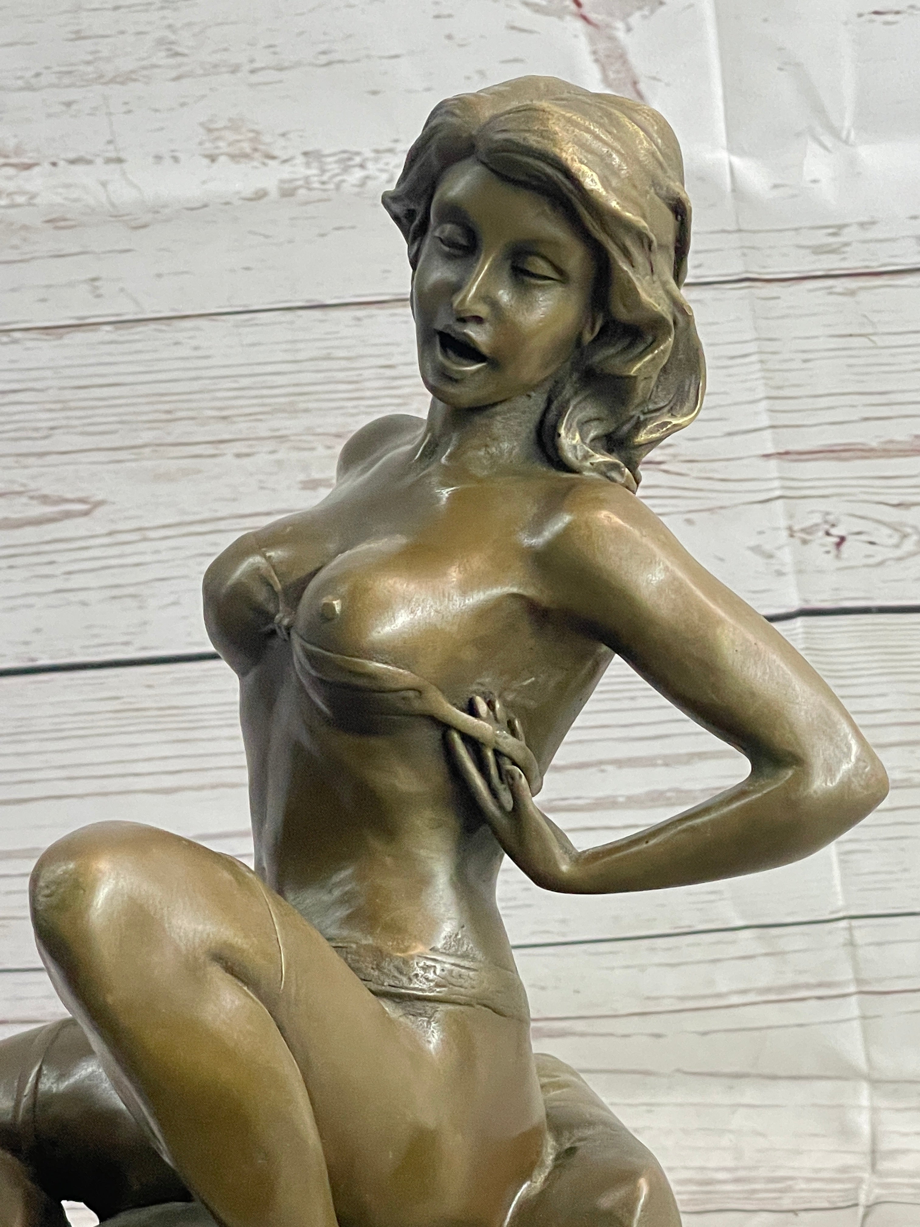 Nude Girl Woman Removing Bra Bronze Sculpture Erotic Art 13" x 7"