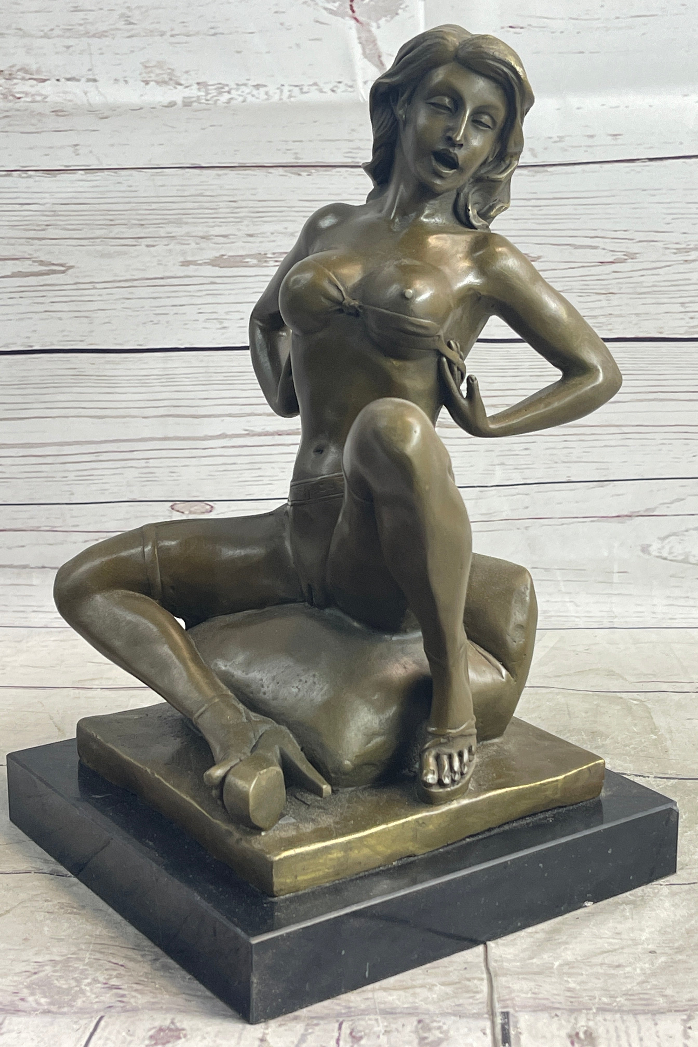 Nude Girl Woman Removing Bra Bronze Sculpture Erotic Art 13" x 7"