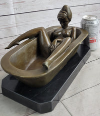 Erotic Art Nude Girl Masturbating in Bath Tub Bronze Sculpture Statue Marble Base 13" x 7"