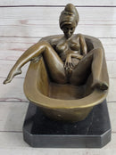 Erotic Art Nude Girl Masturbating in Bath Tub Bronze Sculpture Statue Marble Base 13" x 7"