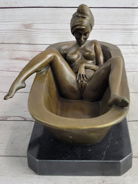 Erotic Art Nude Girl Masturbating in Bath Tub Bronze Sculpture Statue Marble Base 13" x 7"