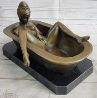 Erotic Art Nude Girl Masturbating in Bath Tub Bronze Sculpture Statue Marble Base 13" x 7"