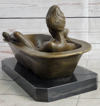 Erotic Art Nude Girl Masturbating in Bath Tub Bronze Sculpture Statue Marble Base 13" x 7"