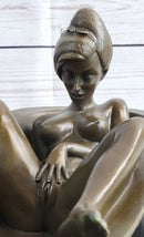 Erotic Art Nude Girl Masturbating in Bath Tub Bronze Sculpture Statue Marble Base 13" x 7"