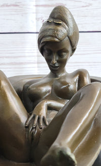Erotic Art Nude Girl Masturbating in Bath Tub Bronze Sculpture Statue Marble Base 13" x 7"