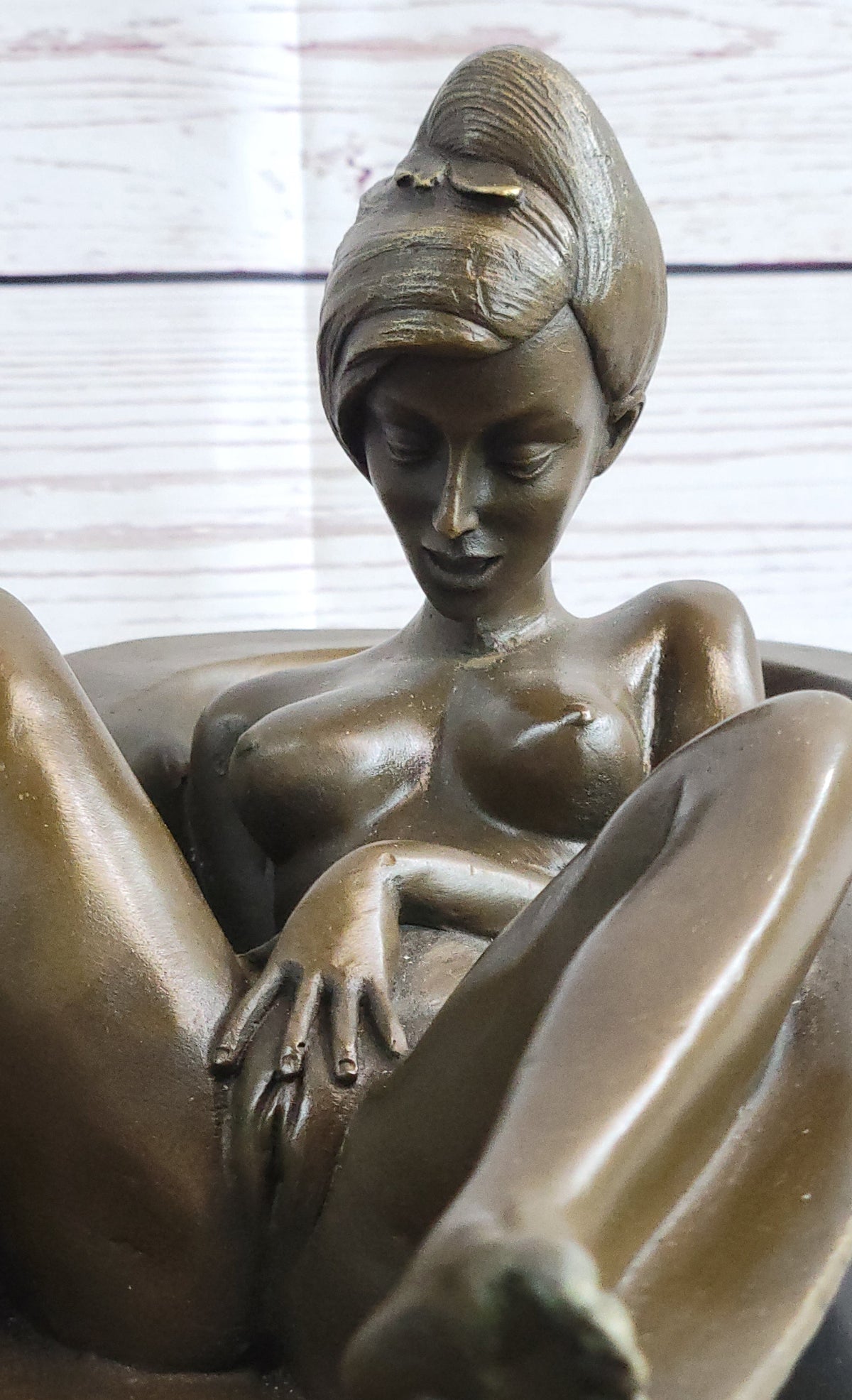 Erotic Art Nude Girl Masturbating in Bath Tub Bronze Sculpture Statue Marble Base 13" x 7"