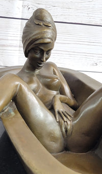 Erotic Art Nude Girl Masturbating in Bath Tub Bronze Sculpture Statue Marble Base 13" x 7"