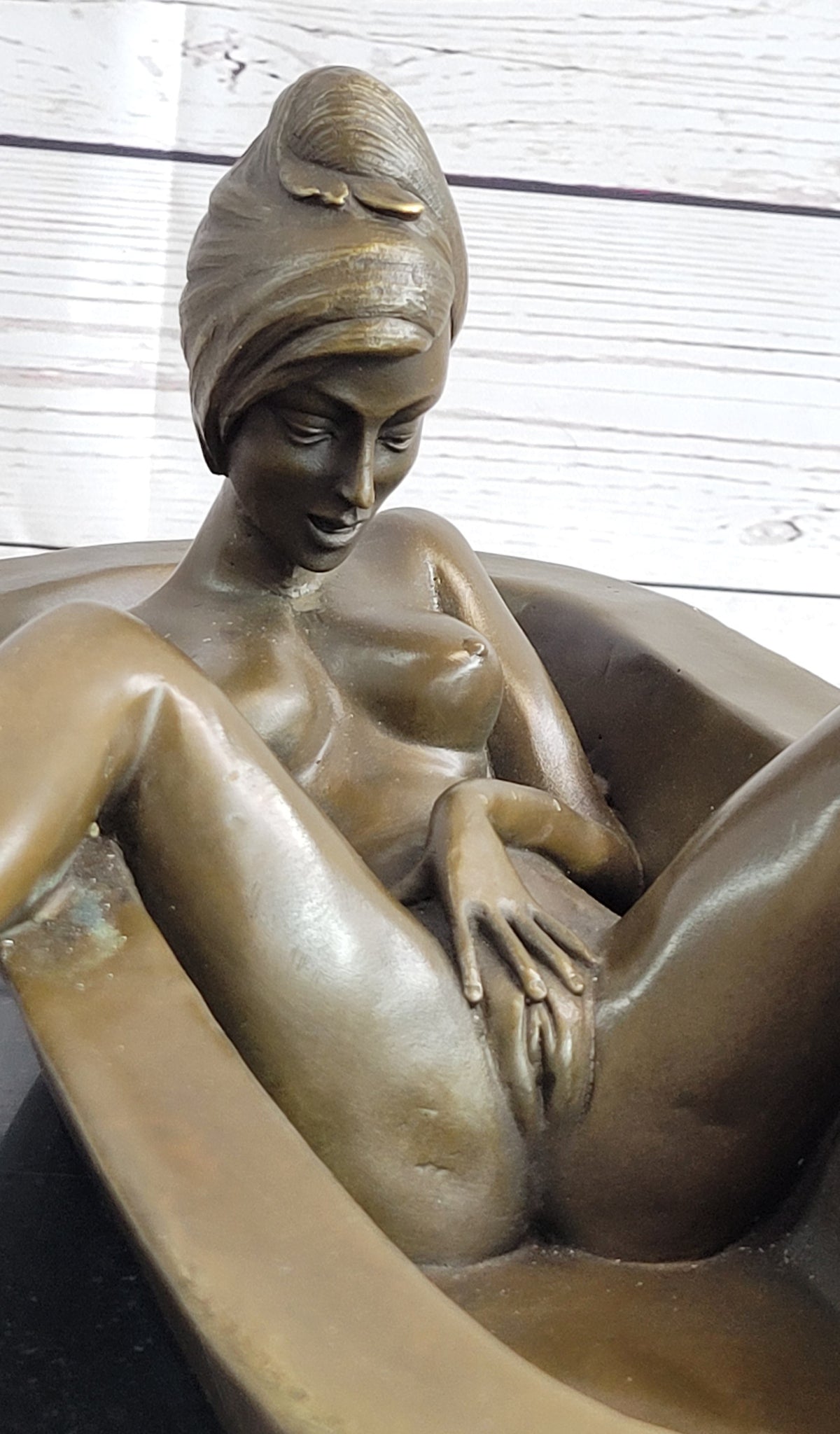 Erotic Art Nude Girl Masturbating in Bath Tub Bronze Sculpture Statue Marble Base 13" x 7"