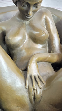 Erotic Art Nude Girl Masturbating in Bath Tub Bronze Sculpture Statue Marble Base 13" x 7"