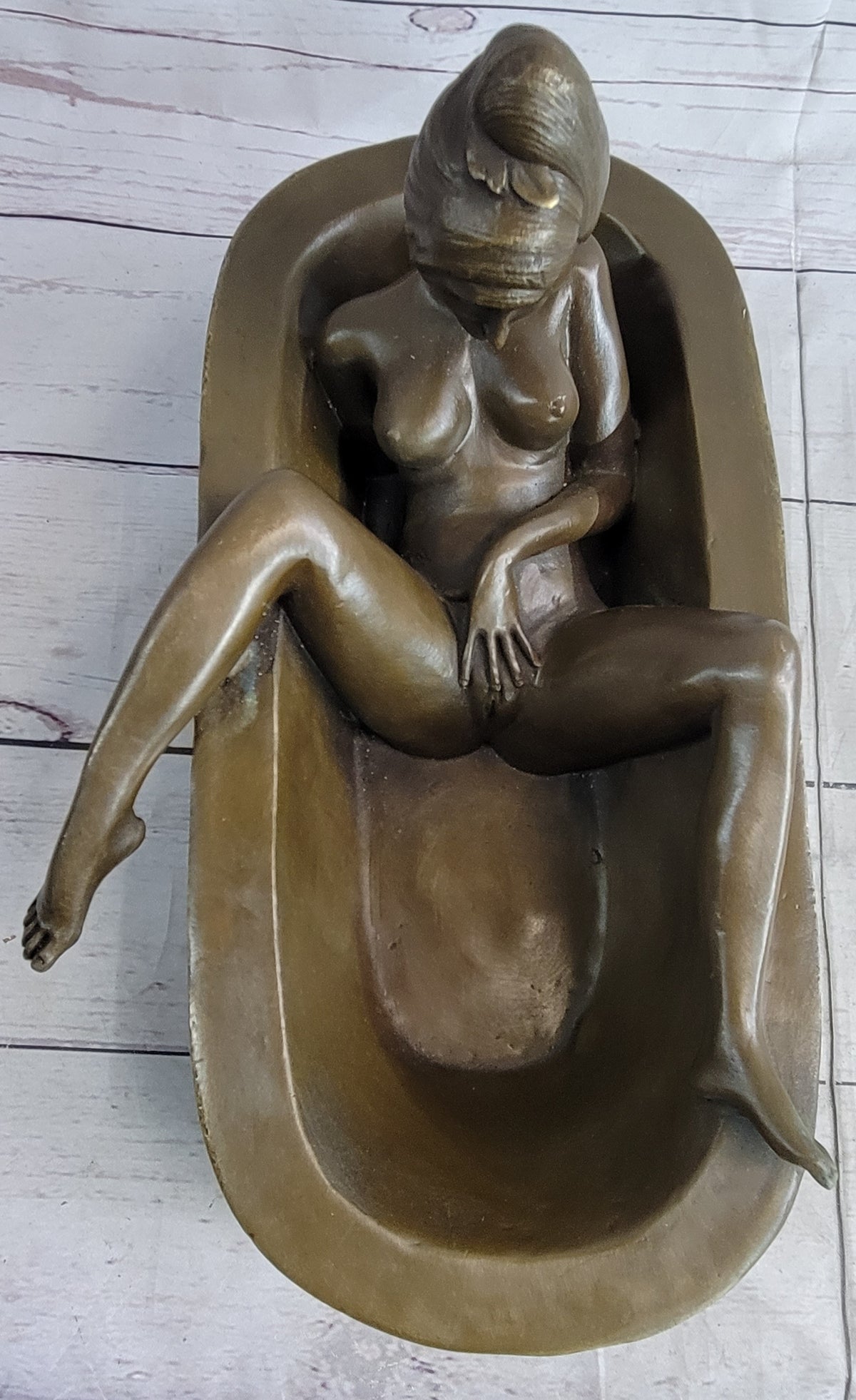Erotic Art Nude Girl Masturbating in Bath Tub Bronze Sculpture Statue Marble Base 13" x 7"