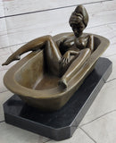 Erotic Art Nude Girl Masturbating in Bath Tub Bronze Sculpture Statue Marble Base 13" x 7"