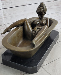 Erotic Art Nude Girl Masturbating in Bath Tub Bronze Sculpture Statue Marble Base 13" x 7"