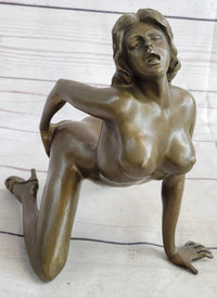 Erotic Nude Female Figure Bronze Sculpture Girl on Knees Signed