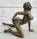 Erotic Nude Female Figure Bronze Sculpture Girl on Knees Signed