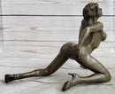 Erotic Nude Female Figure Bronze Sculpture Girl on Knees Signed
