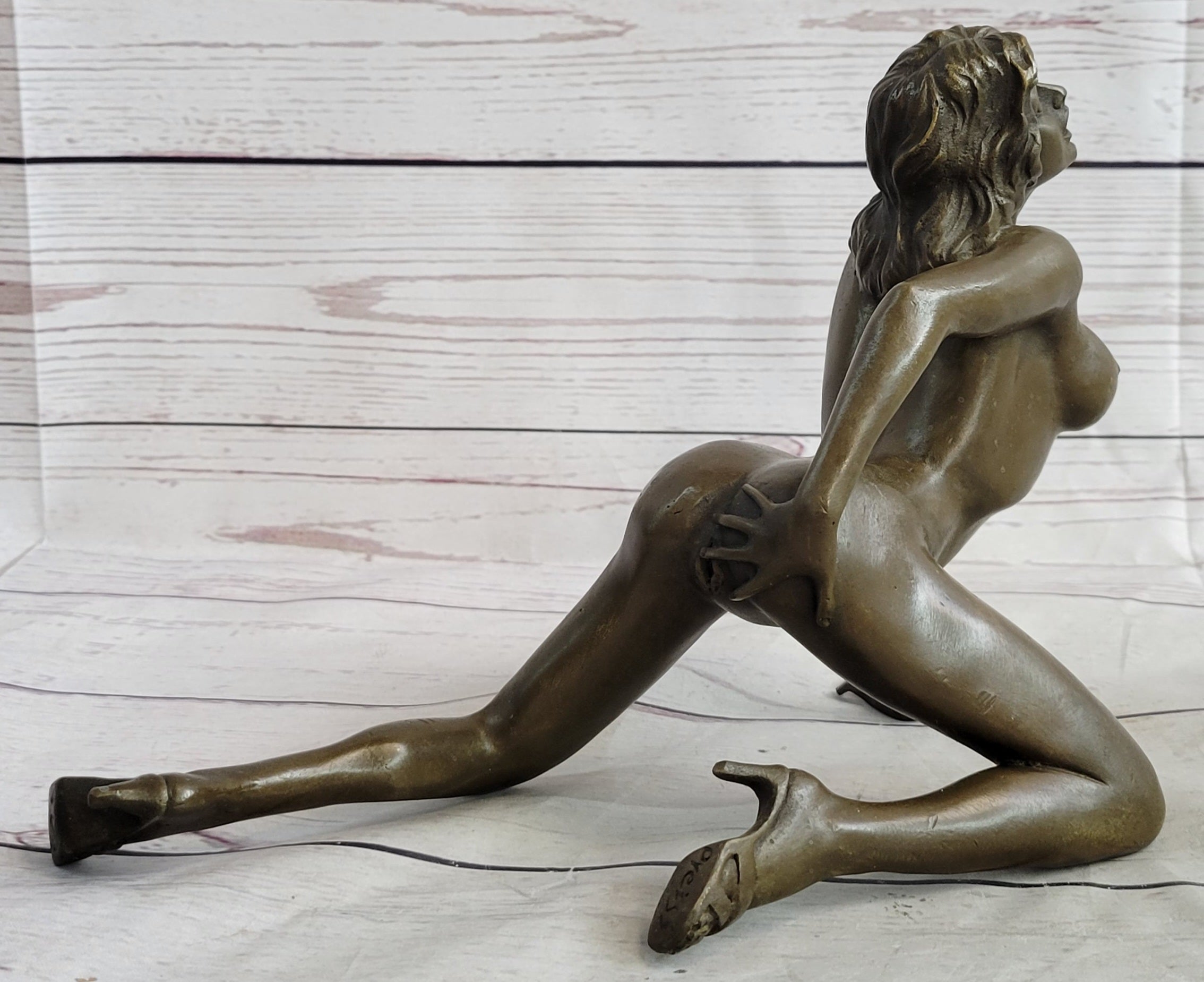 Erotic Nude Female Figure Bronze Sculpture Girl on Knees Signed