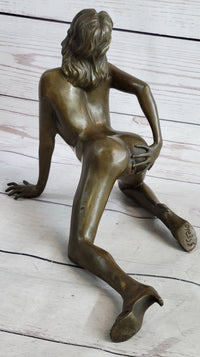 Erotic Nude Female Figure Bronze Sculpture Girl on Knees Signed