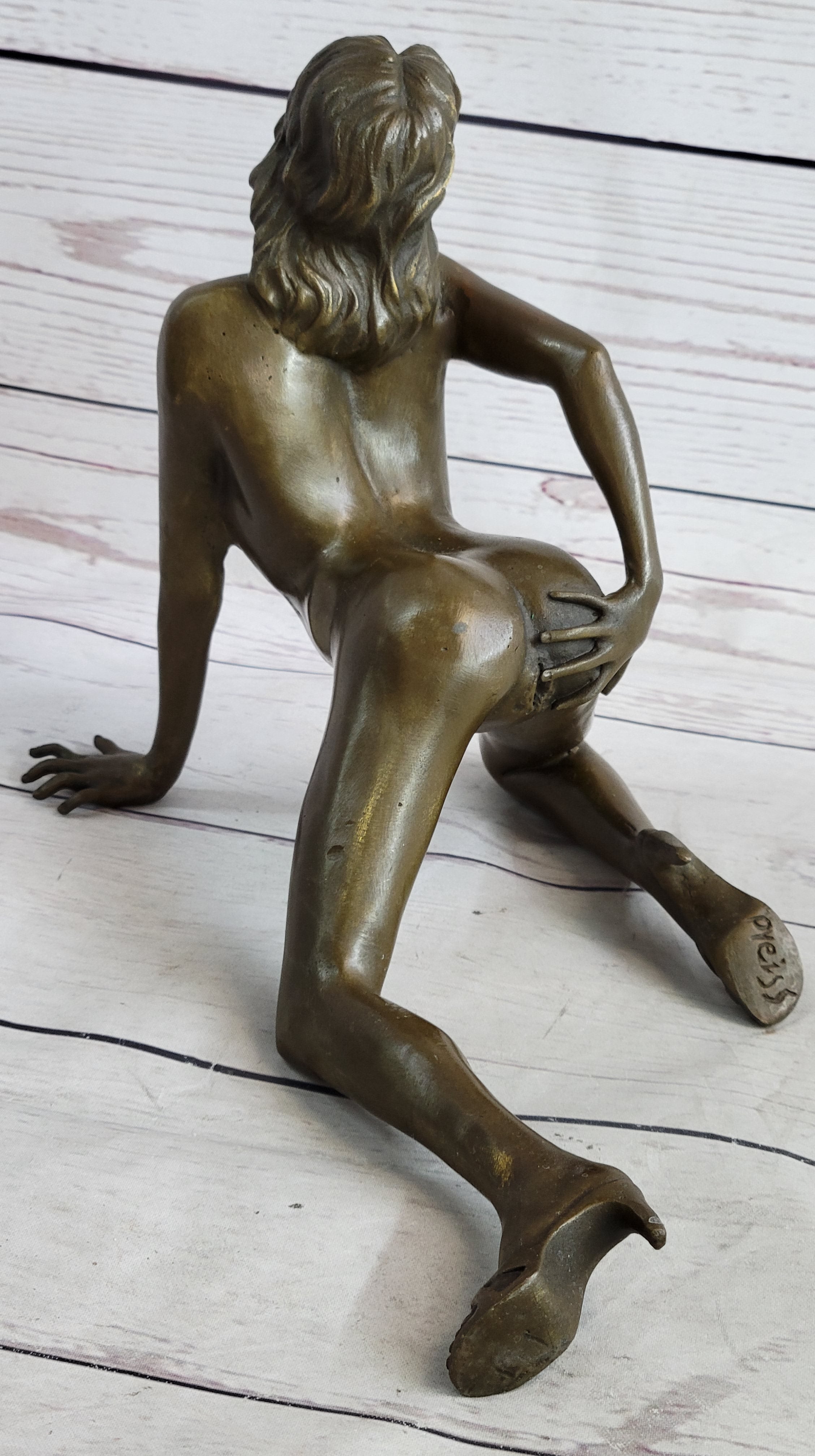 Erotic Nude Female Figure Bronze Sculpture Girl on Knees Signed