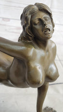 Erotic Nude Female Figure Bronze Sculpture Girl on Knees Signed