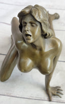 Erotic Nude Female Figure Bronze Sculpture Girl on Knees Signed