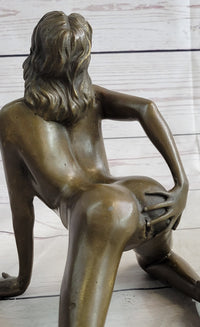 Erotic Nude Female Figure Bronze Sculpture Girl on Knees Signed