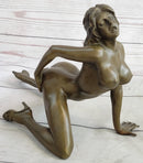 Erotic Nude Female Figure Bronze Sculpture Girl on Knees Signed