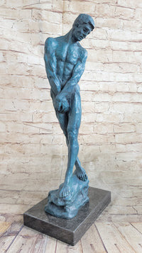 Green Patina Rodin Adam Nude Male Bronze Sculpture Classic Artwork