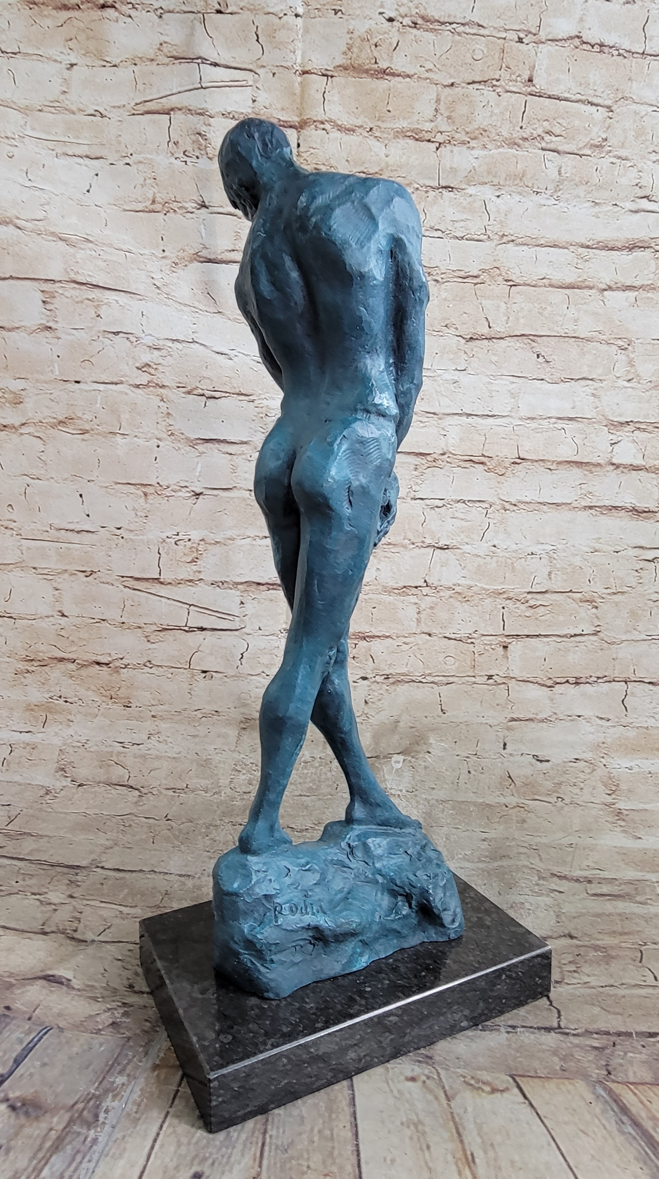 Green Patina Rodin Adam Nude Male Bronze Sculpture Classic Artwork